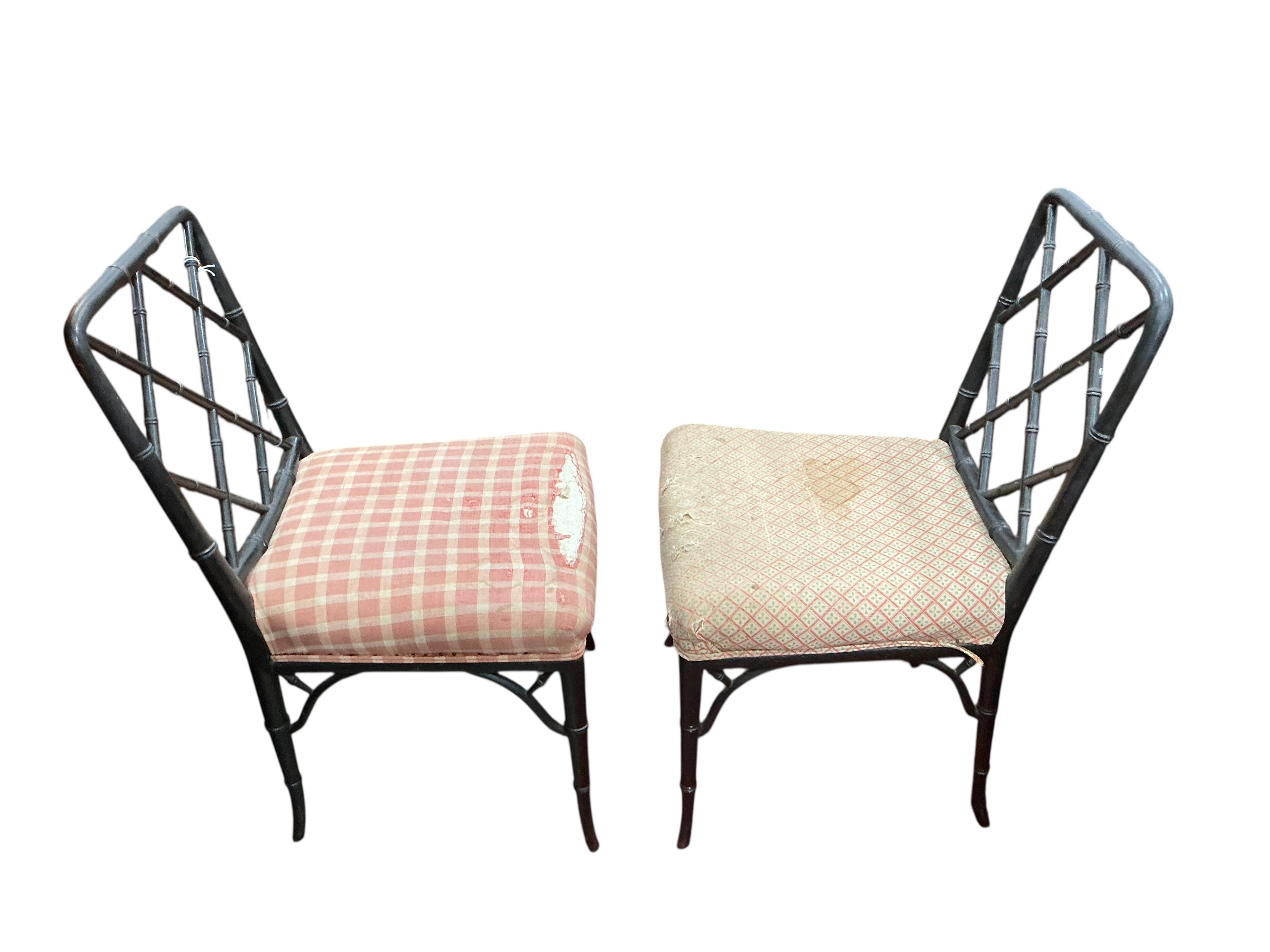 A pair of Regency style painted faux bamboo chairs, width 46cm, depth 45cm, height 90cm together with a similar circular coffee table